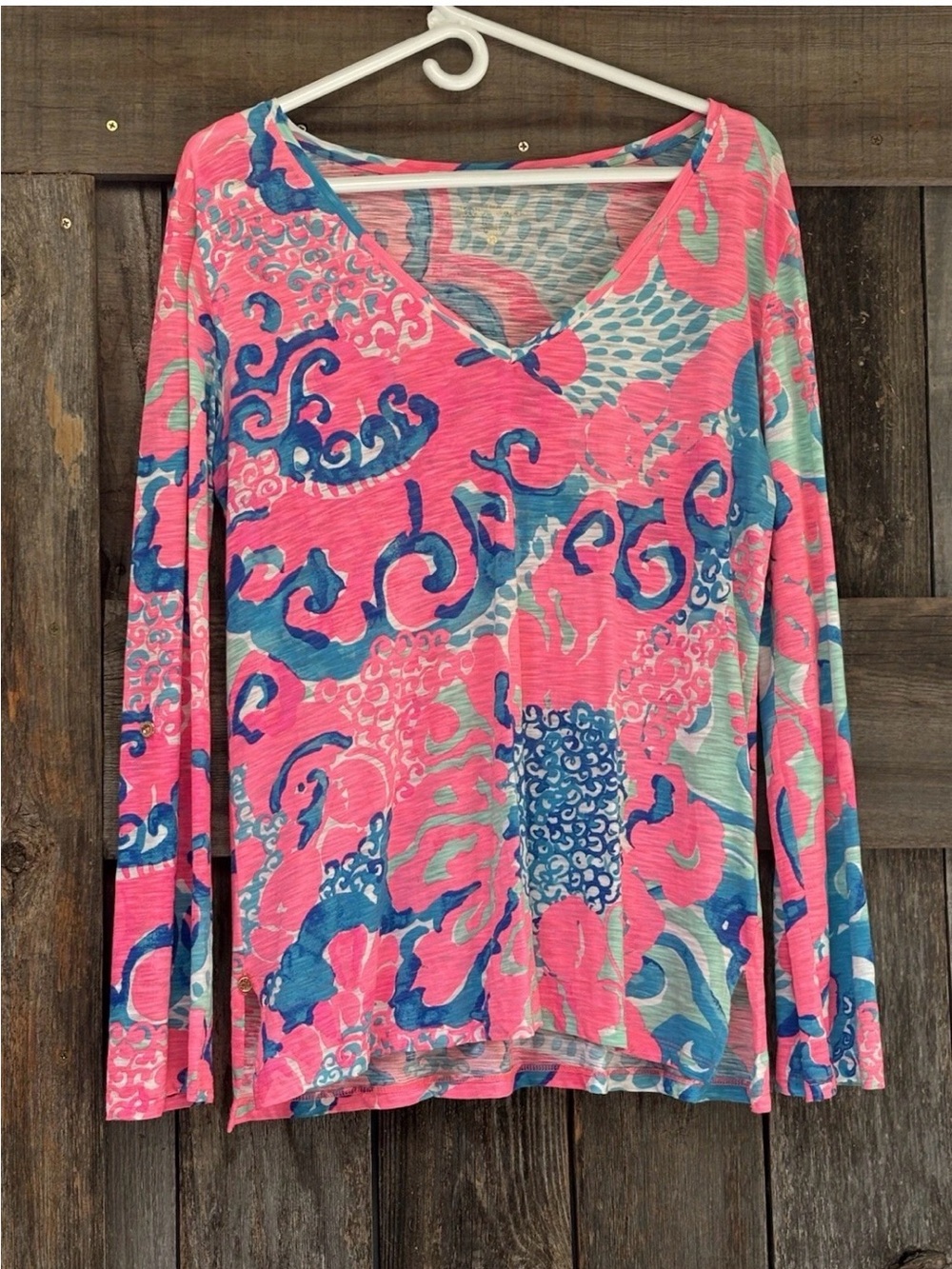 Lilly Pulitzer Pink & Blue Long-Sleeve V-Neck Top